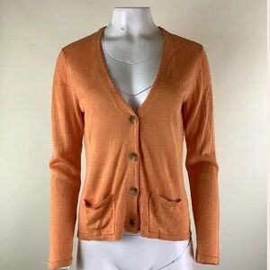J Jill Sz S Linen Blend Lightweight Button Cardigan Orange VNeck Pocket Front